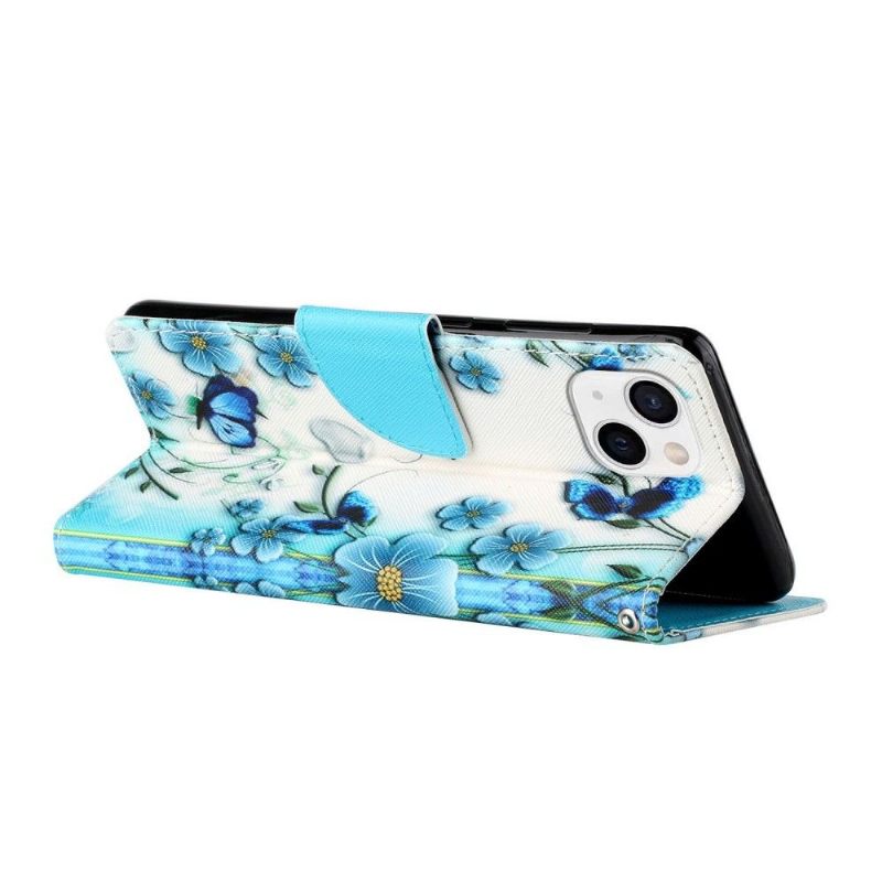 Leren Hoesje voor iPhone 13 Blauwe Bloemen En Vlinders