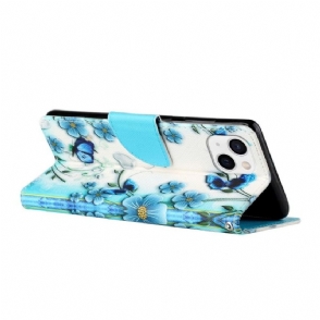 Leren Hoesje voor iPhone 13 Blauwe Bloemen En Vlinders