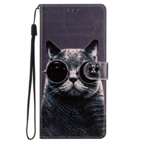 Folio-hoesje voor iPhone 15 Plus Met Ketting Kat Met Riembril