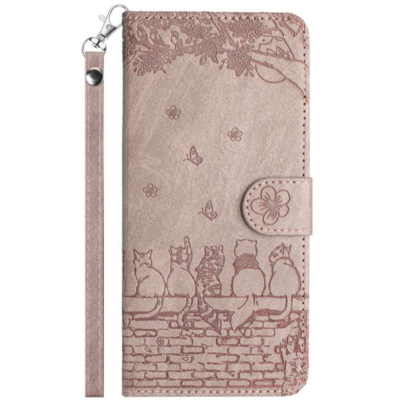 Leren Hoesje voor iPhone 15 Plus Met Ketting Bloemenkat Met Riem