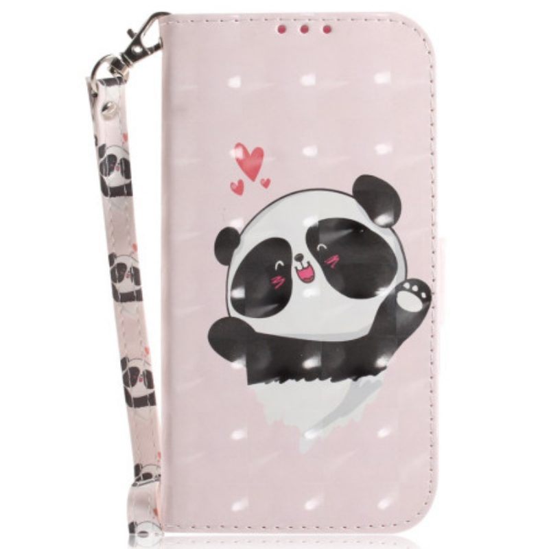 Leren Hoesje voor iPhone 15 Plus Met Ketting Panda Love Met Riempje