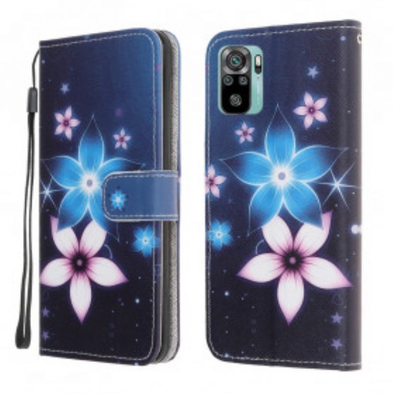 Flip Case voor Xiaomi Redmi Note 10 / 10S Met Ketting Maanband Bloemen