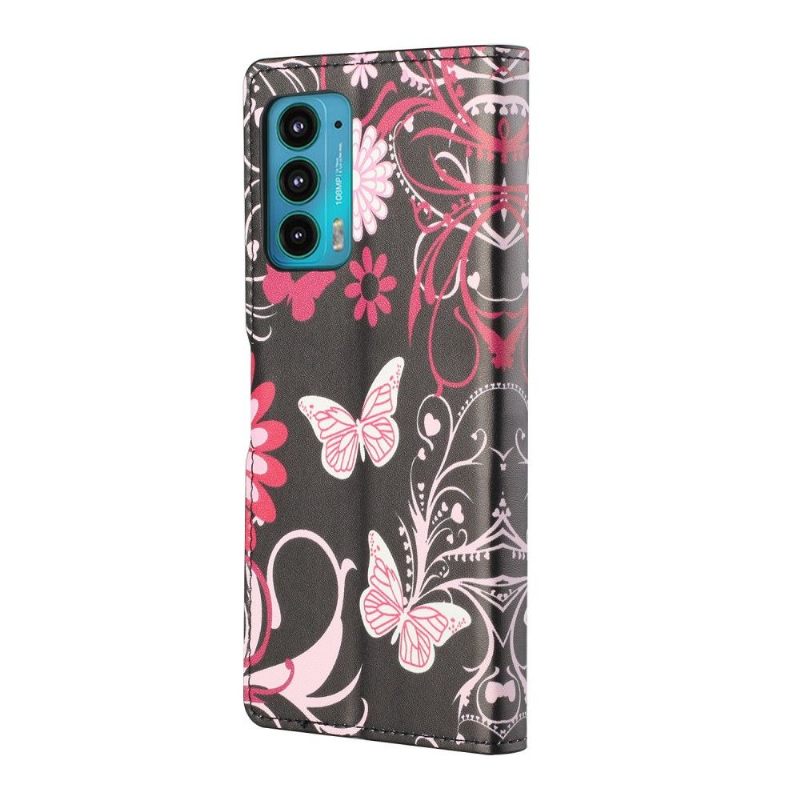 Leren Hoesje voor Motorola Edge 20 Bescherming Vlinders En Bloemen