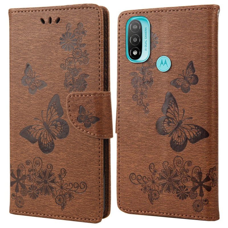 Leren Hoesje voor Moto E40 / E30 / E20 Met Ketting Prachtige Riemvlinders