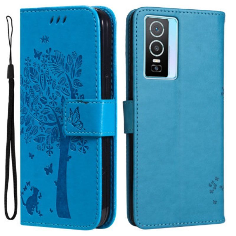 Leren Hoesje voor Vivo Y76 5G Met Ketting Boom En Strappy Cat