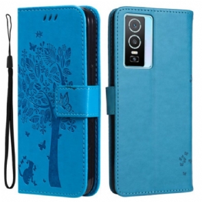 Leren Hoesje voor Vivo Y76 5G Met Ketting Boom En Strappy Cat