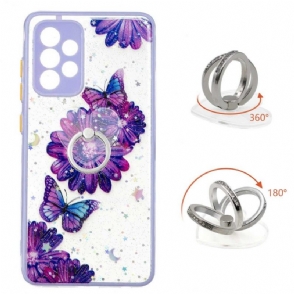 Hoesje voor Samsung Galaxy A52 5G / A52 4G / A52s 5G Paarse Bloemen En Vlinders Met Ring