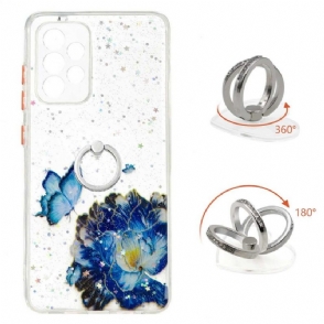 Telefoonhoesje voor Samsung Galaxy A52 5G / A52 4G / A52s 5G Blauwe Bloemen En Vlinders Met Ring