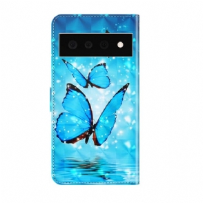 Flip Case voor Google Pixel 6 Pro Sprankelende Blauwe Vlinders