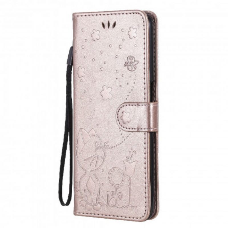 Folio-hoesje voor Oppo A54 5G / A74 5G Met Ketting Kat En Bij Met Lanyard