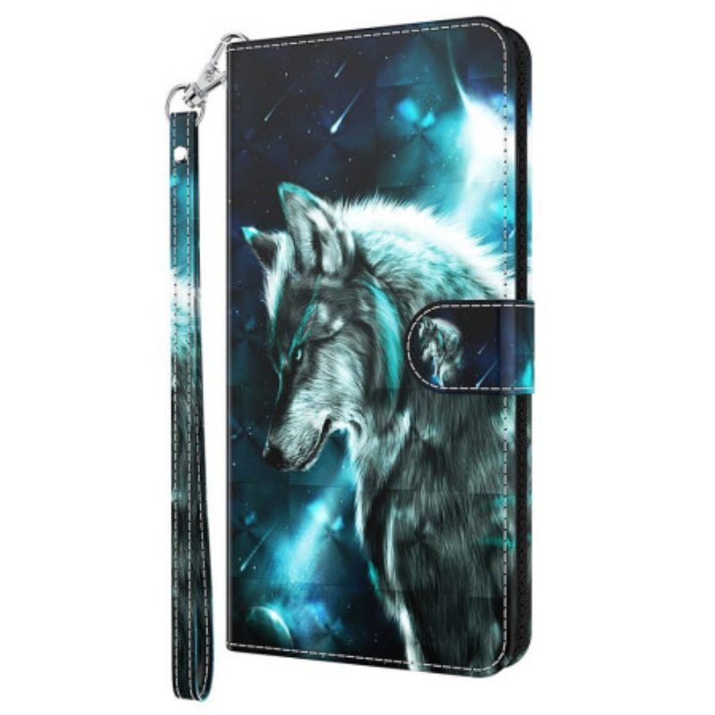 Leren Hoesje voor Oppo A54 5G / A74 5G Met Ketting Lanyard Wolf