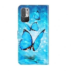 Leren Hoesje voor Xiaomi Redmi Note 10 5G / Poco M3 Pro Bescherming Blauwe Vlinders