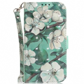 Folio-hoesje voor Xiaomi Redmi Note 12 5G Met Ketting Witte Bloemen Met Bandjes