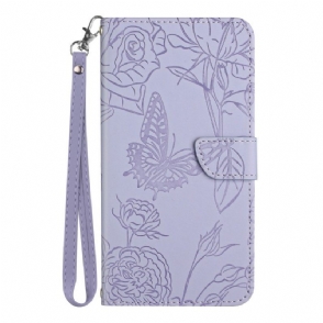 Leren Hoesje voor Xiaomi Redmi Note 12 5G Vlinders En Lanyard