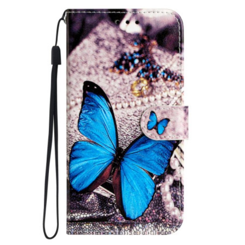 Flip Case voor Moto G73 5G Met Ketting Kostbare Blauwe Vlinder Met Riem