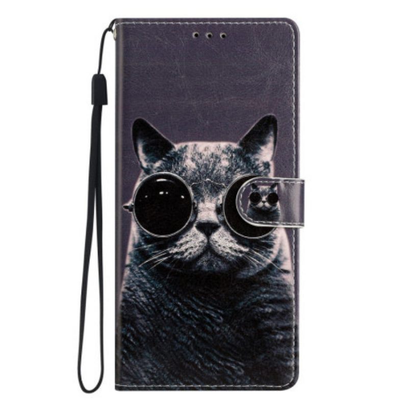 Folio-hoesje voor Moto G73 5G Met Ketting Bril Met Bandjes Cat