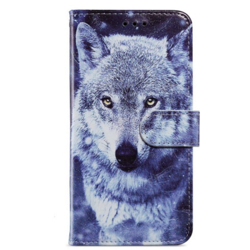 Leren Hoesje voor Moto G73 5G Met Ketting Lanyard Wolf