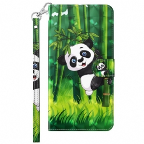 Leren Hoesje voor Moto G73 5G Met Ketting Panda En Bamboe Met Lanyard