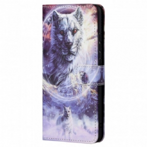 Leren Hoesje voor Xiaomi Redmi Note 11 / 11S Wolf In De Winter Met Sleutelkoord