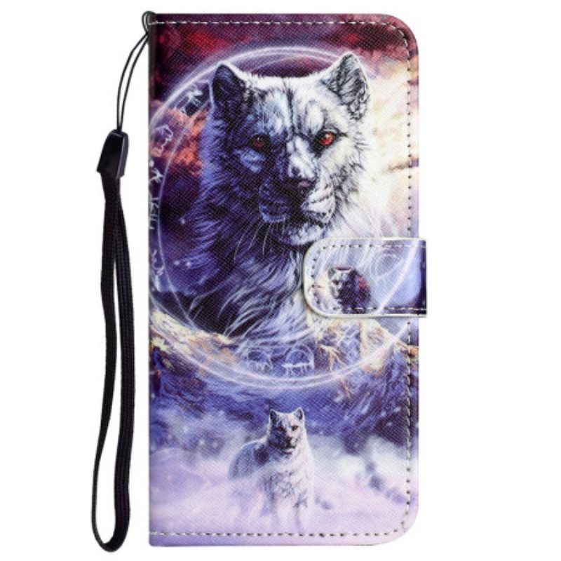 Leren Hoesje voor Xiaomi Redmi Note 12 4G Met Ketting Sneeuwwolf Met Bandjes