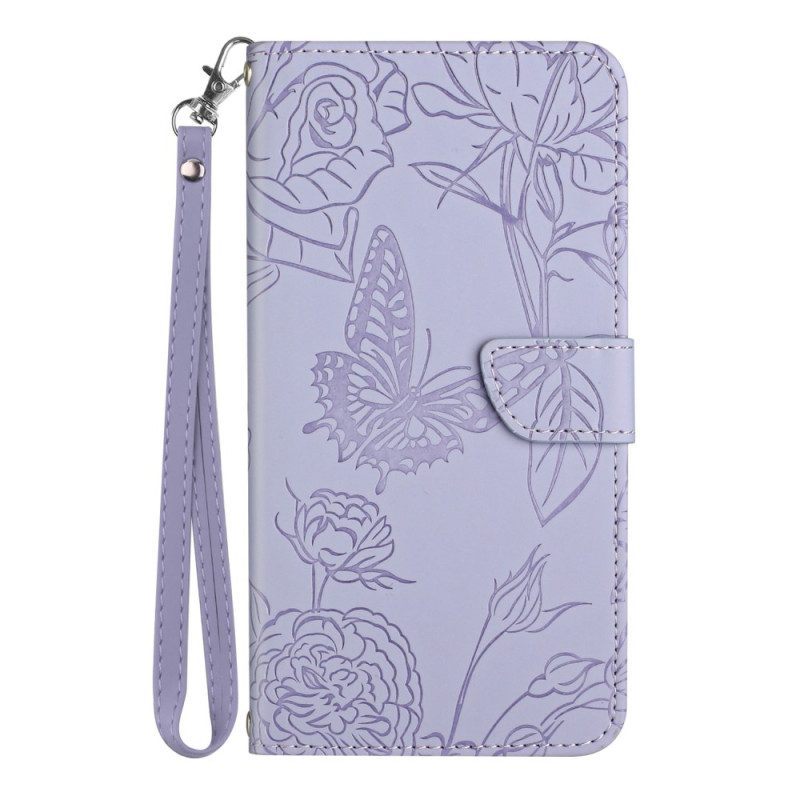 Leren Hoesje voor Xiaomi Redmi Note 12 4G Vlinders En Lanyard