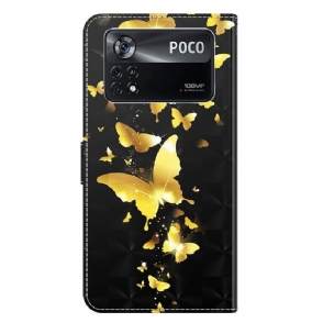 Leren Hoesje voor Poco X4 Pro 5G Bescherming Gouden Vlinders Illustratie