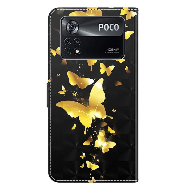 Leren Hoesje voor Poco X4 Pro 5G Bescherming Gouden Vlinders Illustratie