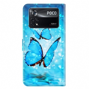 Leren Hoesje voor Poco X4 Pro 5G Bescherming Sprankelende Blauwe Vlinders