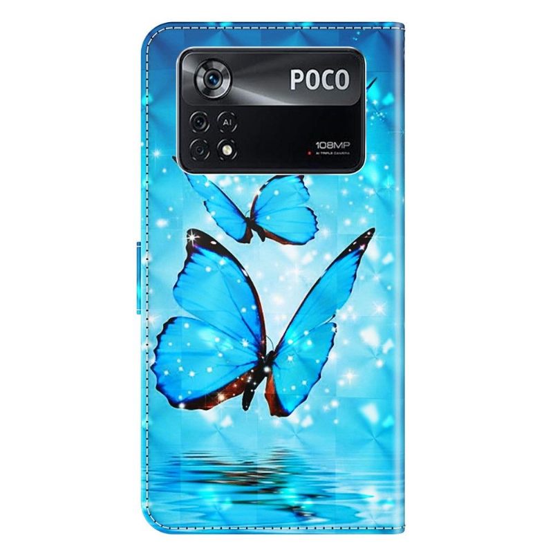 Leren Hoesje voor Poco X4 Pro 5G Bescherming Sprankelende Blauwe Vlinders