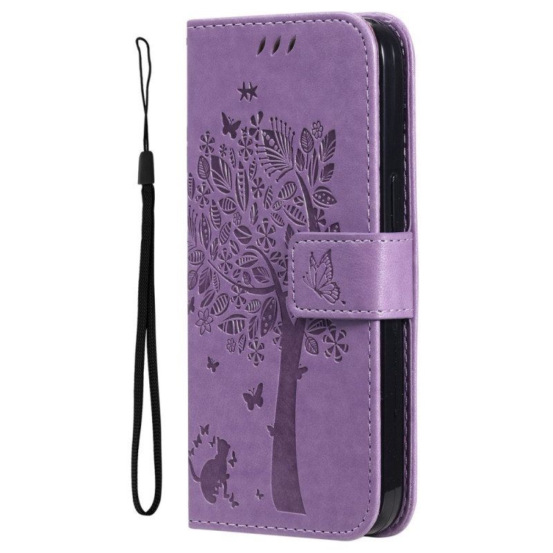 Leren Hoesje voor Xiaomi 12T / 12T Pro Met Ketting Kat Onder De String Tree