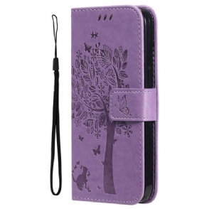 Leren Hoesje voor Xiaomi 12T / 12T Pro Met Ketting Kat Onder De String Tree