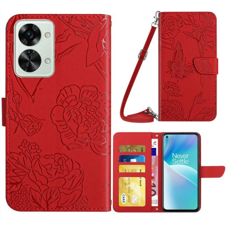 Leren Hoesje voor OnePlus Nord 2T 5G Bescherming Illustratie Vlinder En Bloemen Riem