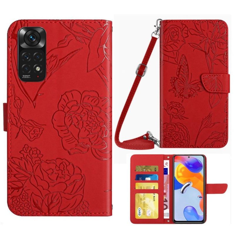 Folio-hoesje voor Xiaomi Redmi Note 11 / Note 11S Illustratie Vlinder En Bloemen Riem