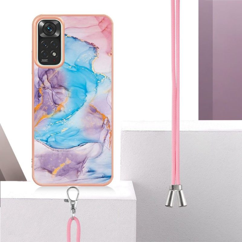 Hoesje voor Xiaomi Redmi Note 11 / Note 11S Met Koord Blauw Gekleurd Marmer