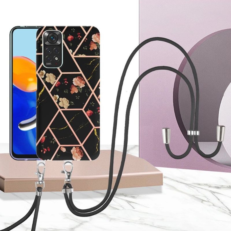 Telefoonhoesje voor Xiaomi Redmi Note 11 / Note 11S Bescherming Met Koord Marmer En Bloemen