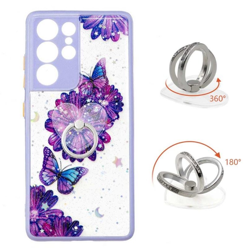 Hoesje voor Samsung Galaxy S21 Ultra 5G Anti-fall Paarse Bloemen En Vlinders Met Ring