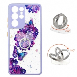 Hoesje voor Samsung Galaxy S21 Ultra 5G Anti-fall Paarse Bloemen En Vlinders Met Ring