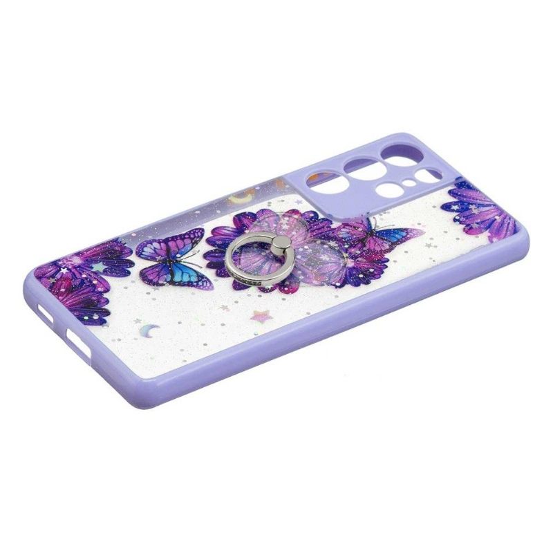 Hoesje voor Samsung Galaxy S21 Ultra 5G Anti-fall Paarse Bloemen En Vlinders Met Ring