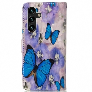 Leren Hoesje voor Samsung Galaxy A13 5G Bescherming Blauwe Vlinders En Bloemen