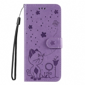 Leren Hoesje voor Honor Magic 5 Lite Met Ketting Kat En Bij Met Lanyard