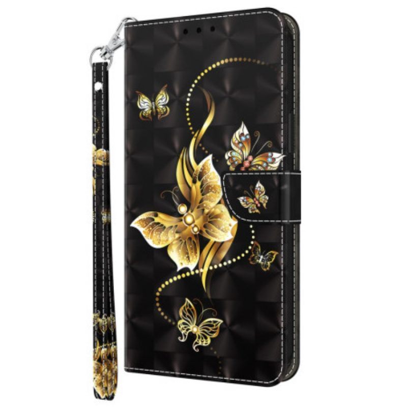 Leren Hoesje voor Samsung Galaxy A14 / A14 5G Met Ketting Gouden Vlinders Met Riem