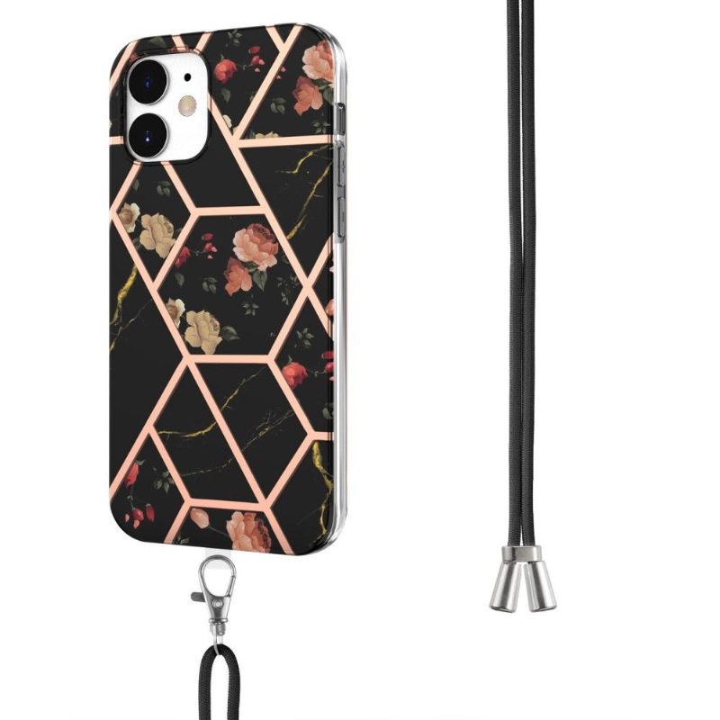 Hoesje voor iPhone 12 Mini Met Koord Marmer En Bloemen