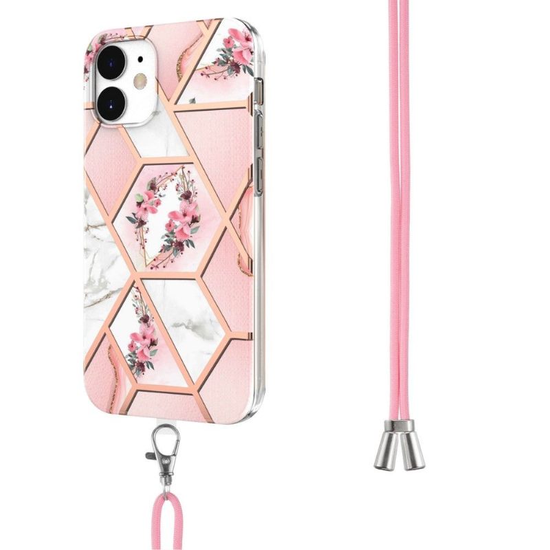 Hoesje voor iPhone 12 Mini Met Koord Marmer En Bloemenkroon