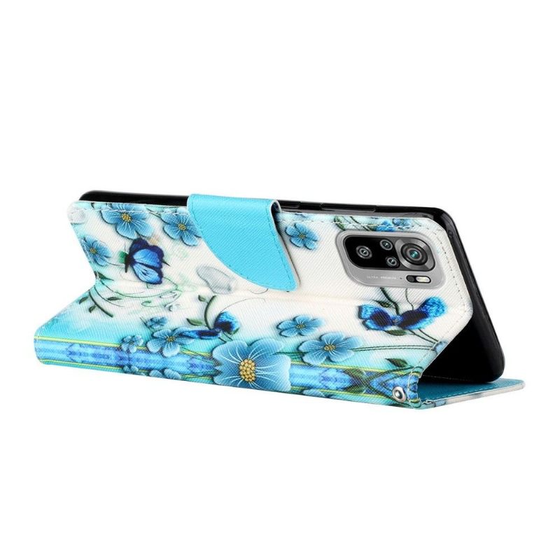 Leren Hoesje voor Xiaomi Redmi Note 10 4G / Note 10S Blauwe Bloemen En Vlinders