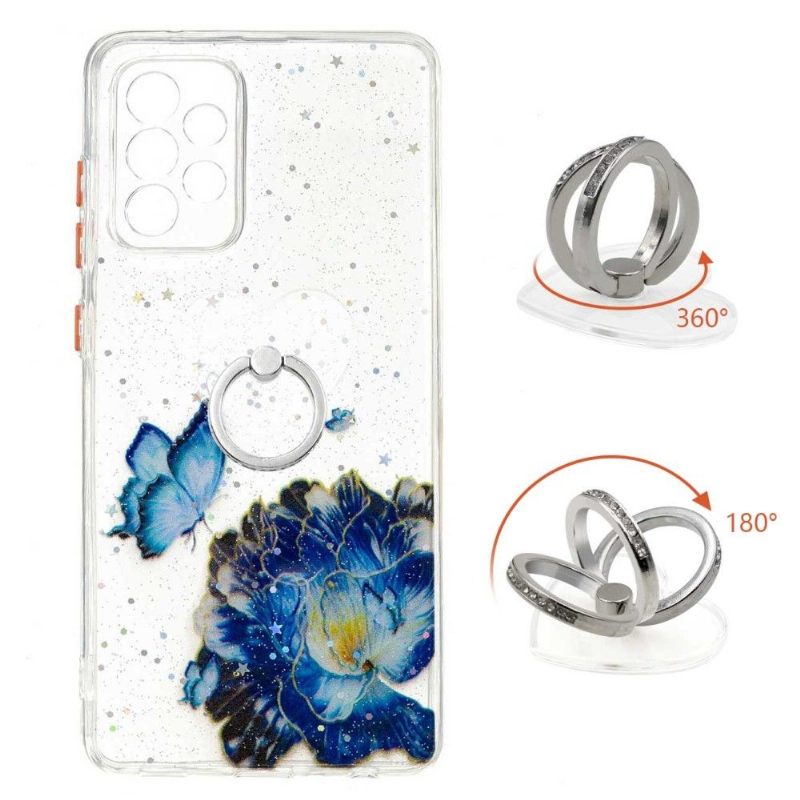 Hoesje voor Samsung Galaxy A72 4G / A72 5G Blauwe Bloemen En Vlinders Met Ring