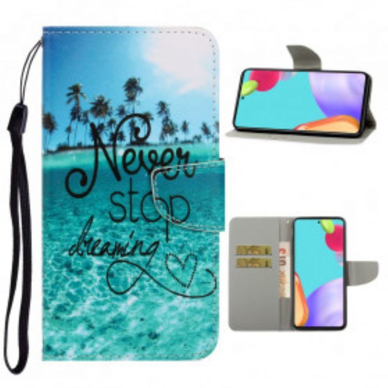 Folio-hoesje voor Samsung Galaxy A52 4G / A52 5G / A52s 5G Met Ketting Stop Nooit Met Dromen In Marineblauwe Bandjes