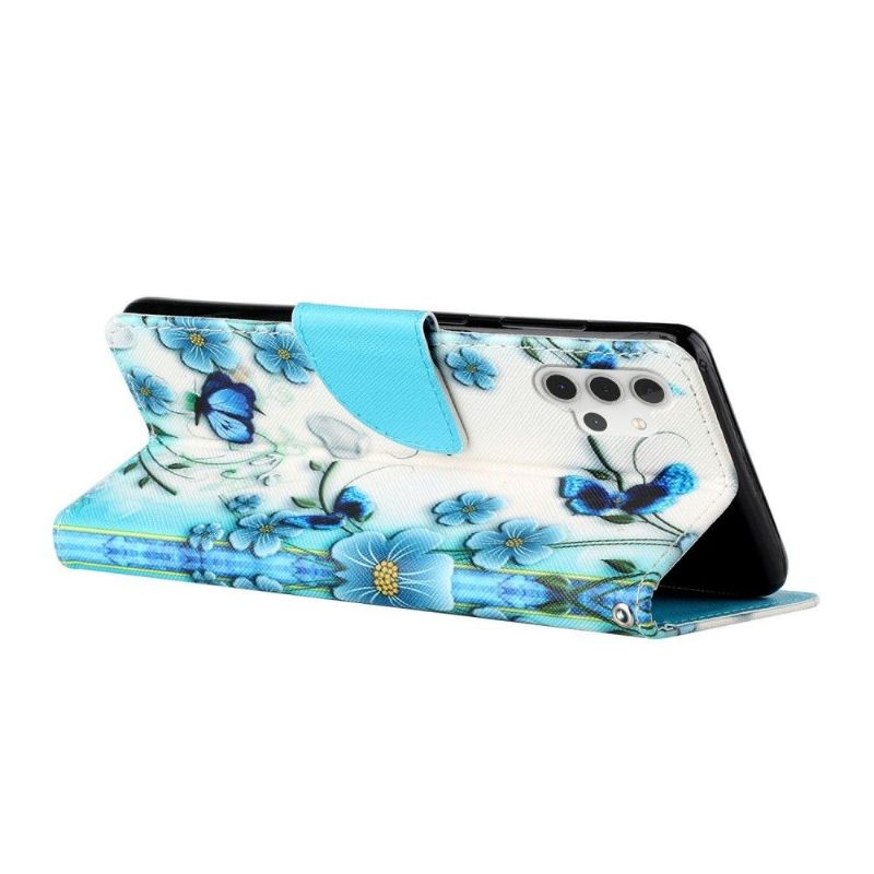 Folio-hoesje voor Samsung Galaxy A32 4G Anti-fall Blauwe Bloemen En Vlinders