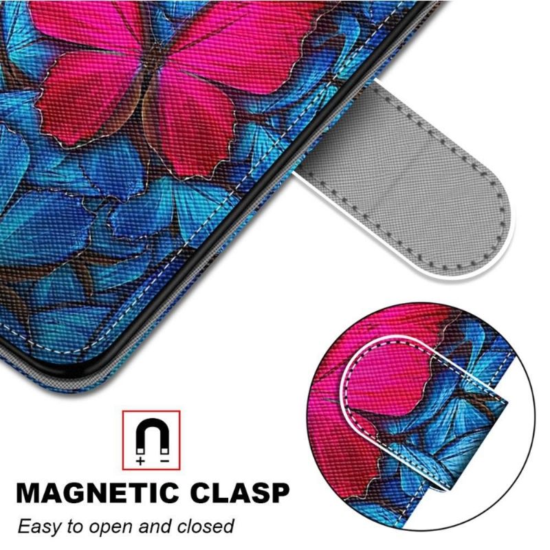 Flip Case voor Samsung Galaxy M52 5G Blauwe En Roze Vlinders