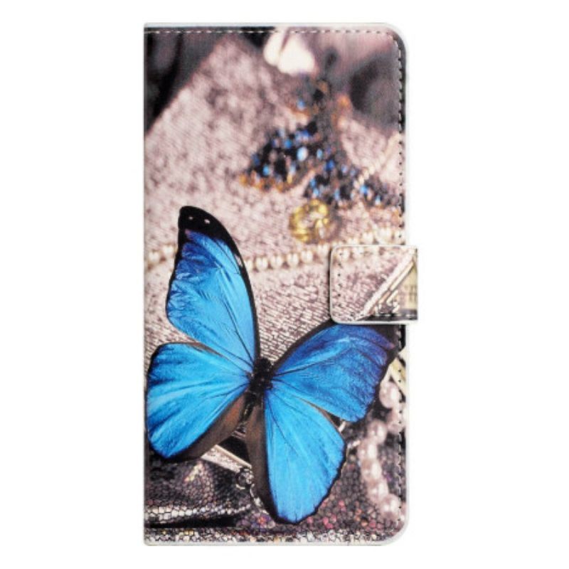 Leren Hoesje voor iPhone 14 Blauwe Vlinder