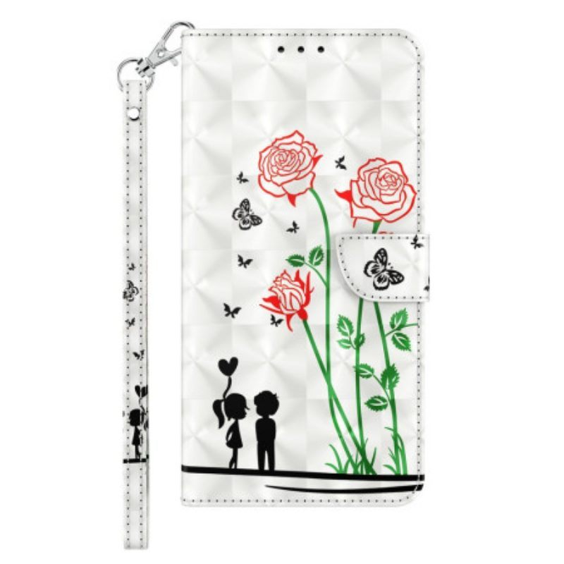 Leren Hoesje voor iPhone 14 Met Ketting Lanyard Liefde Paardebloemen